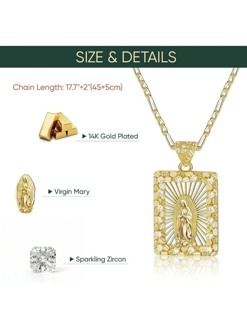 Elegant Gold Virgin Mary Necklace - 14k Plated Virgen de Guadalupe Pendant